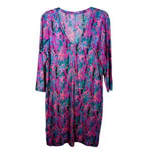 Lilly Pulitzer Tessa Dress V Neck 3/4 Sleeve Cotton Cerise Pink Safari Sunset XL